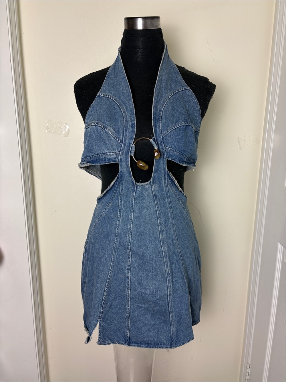 Denim Cutout Halter Mini Dress in Medium Blue